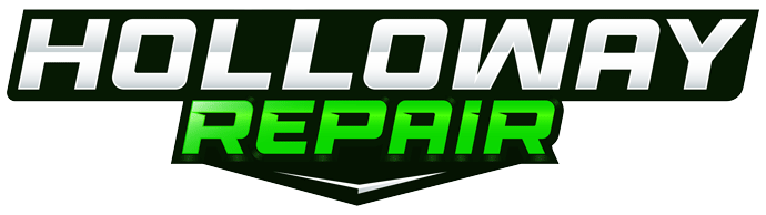 A logo reading "Holloway Repair" shines in silver and green text against a dark background, seamlessly designed as a standout footer in Elementor. Mobile Diesel Mechanic